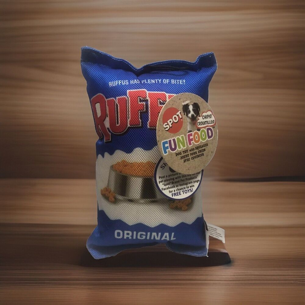 SPOT Fun Food Ruffus Chips Chew Dog Toy 8” With Tags Blue Crinkle Pet Fur Baby